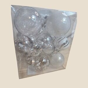 Acrylic Christmas Ball Ornaments White Clear Pearl Glitter Set of 12 Holiday